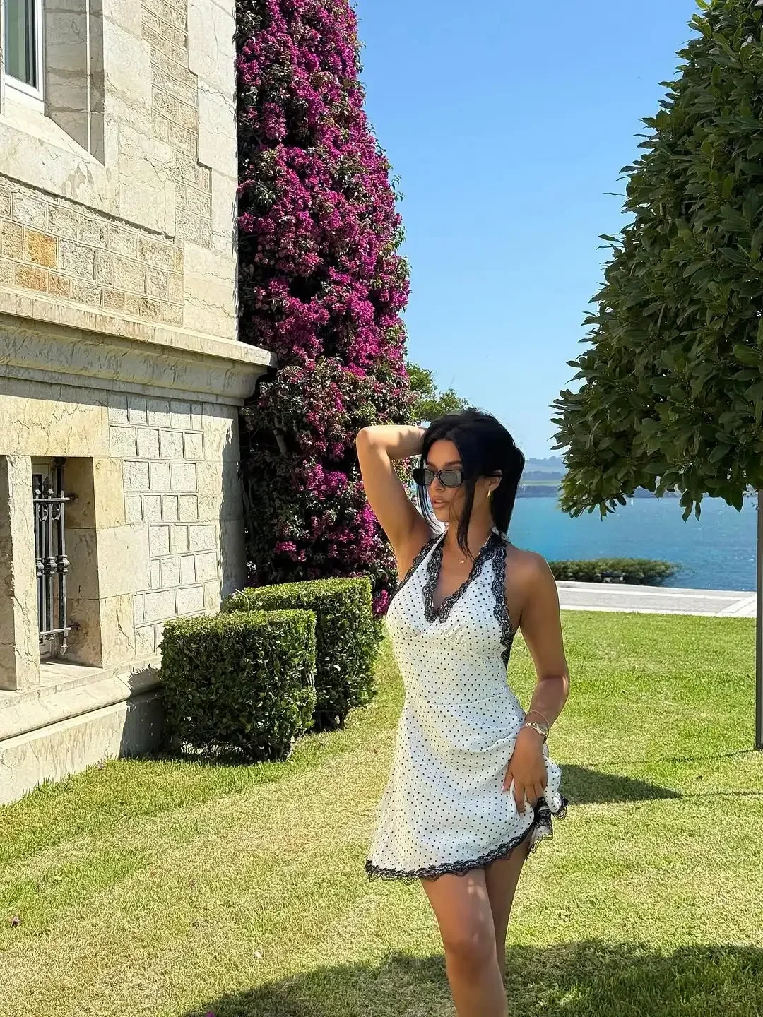 水玉模様のレースパッチワークホルタードレス、スリムフィット、流れるようなエレガントでセクシーなソフトで通気性のあるローブ、2026年、パーティー、デート、デイリー、夏、カジュアルガウン