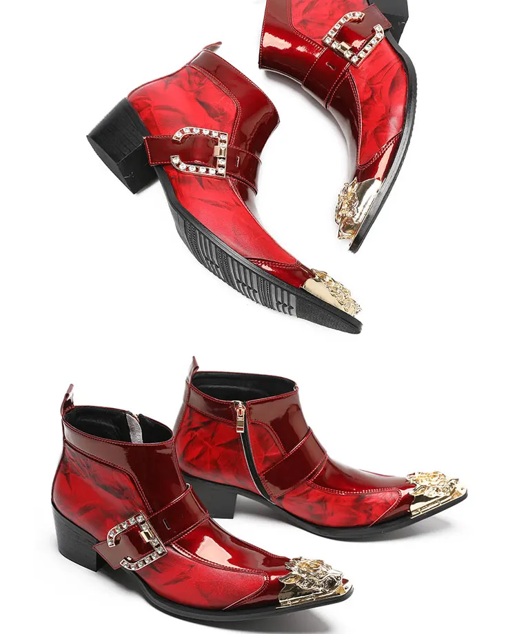 Frühlings-Herrenstiefel, rote Lederstiefel mit Nietenspitze, Modell, sozialer Kontakt, Erhöhung der Show, hochhackige Herrenstiefel aus Lackleder – Detail 8