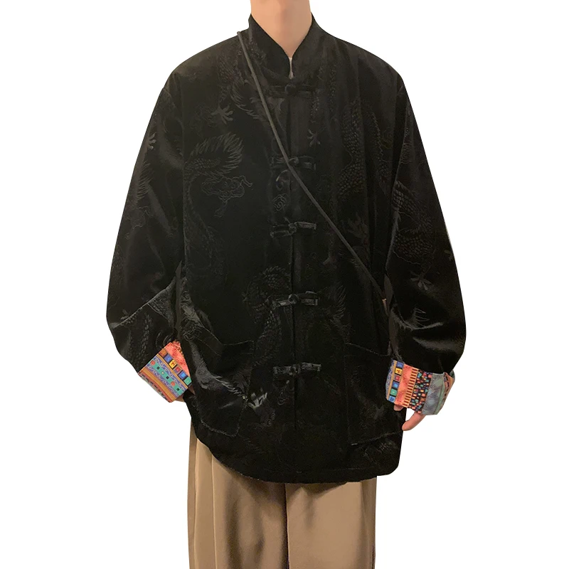 Setelan Pria Model Baru Gaya Cina, Bahan Beludru, Longgar, Kerah Tegak, Kancing Depan, Pakaian Luar Musim Gugur Musim Dingin