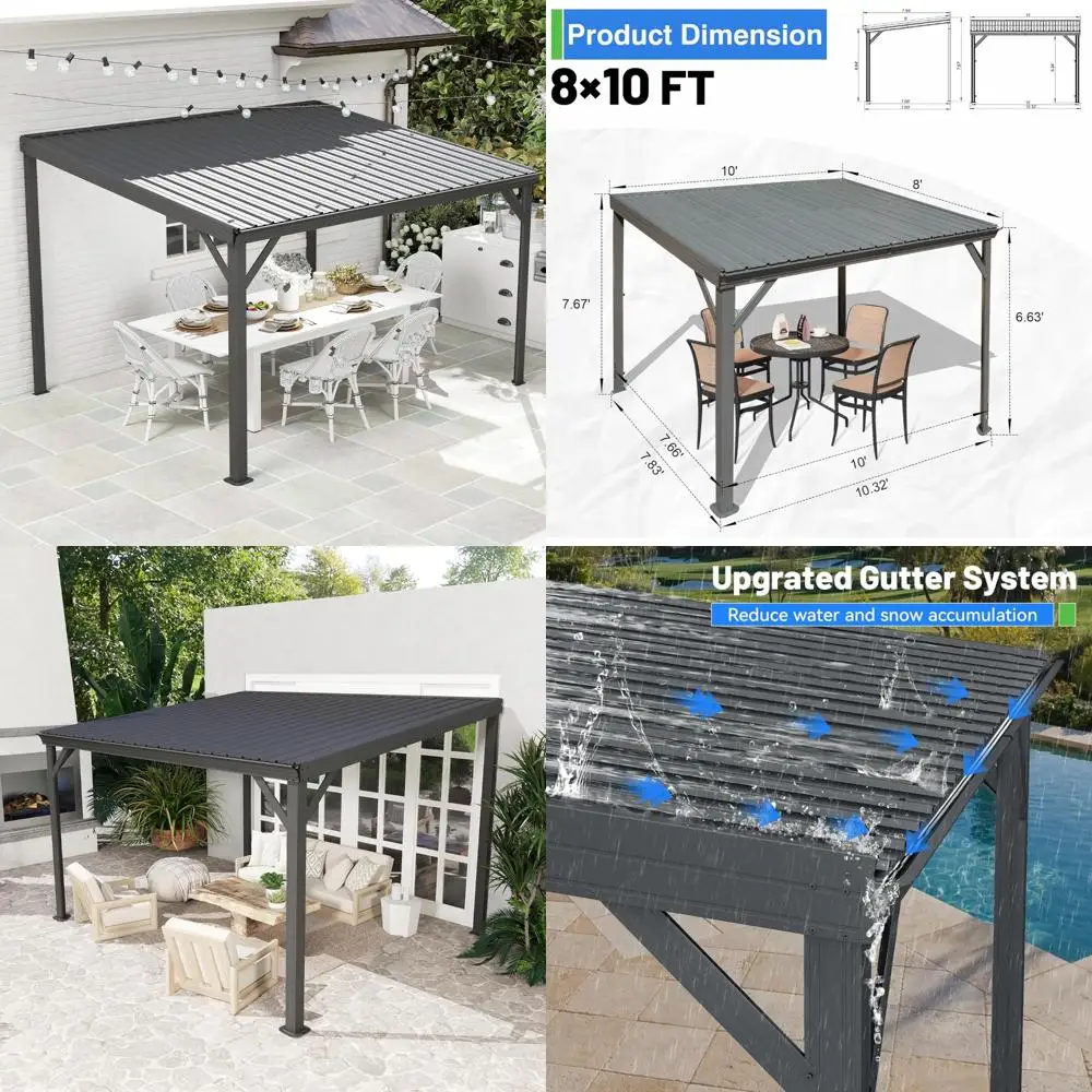 

8x10FT Lean to Gazebo, Outdoor Metal Hardtop Wall Mounted Gazebo with Gutter & Sloping Galvanized Steel Roof, Hard Top Awnings/S