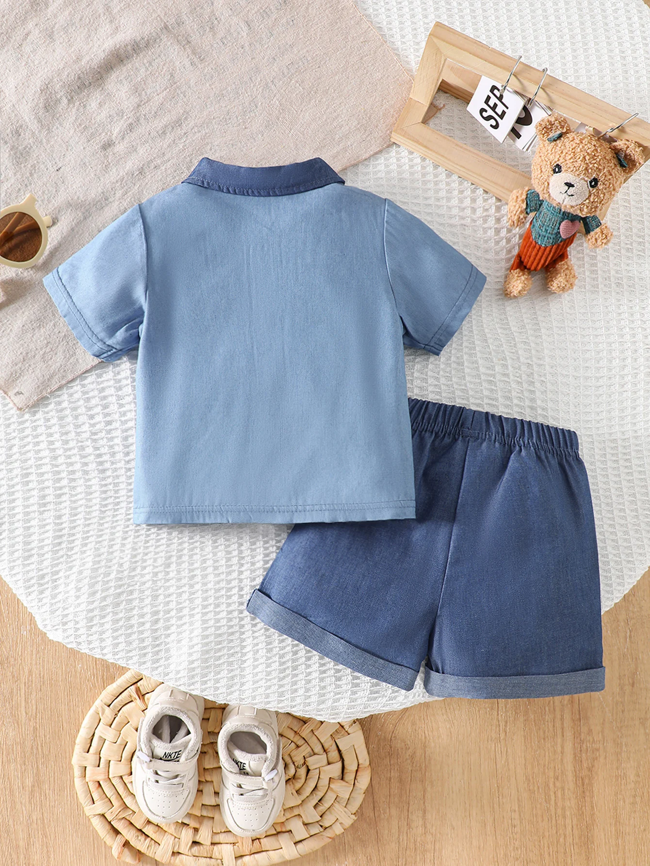 IURNXB Baby Clothes Set 2Pcs Color Block Light Denim Toddler Boy Summer Outfits Short Sleeve Shirt+Shorts Casual Suits 1-3Y