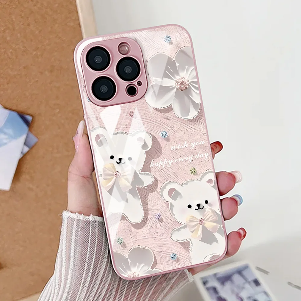 

Cute Cartoon Bear Phone Case For iPhone 16 Pro 17 13 15 11 12 14 Pro Max Air 16E XR 7 8 Plus SE Tempered Glass Shockproof Cover