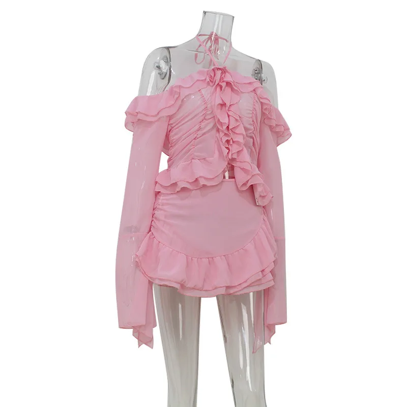 Conjunto de 2 piezas con volantes para mujer, blusas halter de manga larga acampanadas con hombros descubiertos y minifaldas, trajes para fiesta y discoteca
