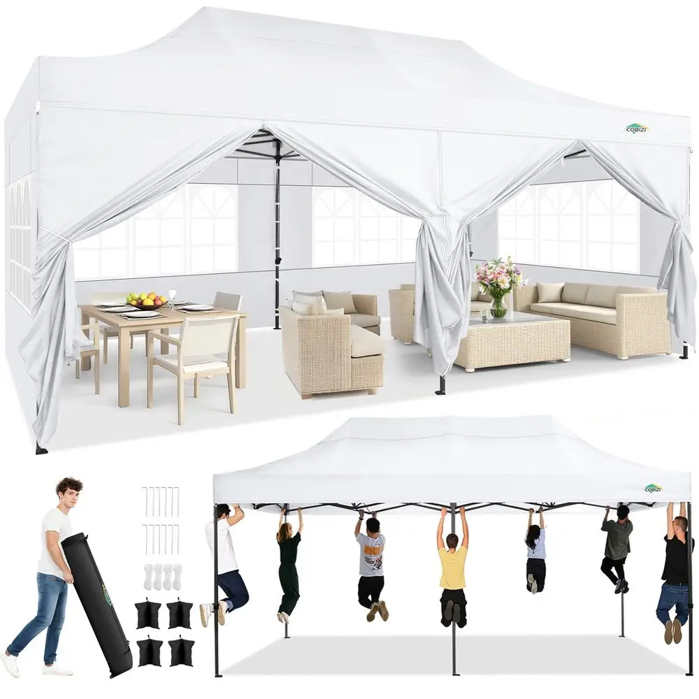 

10x20 Heavy Duty Pop Canopy Tent with 6 Sidewalls Thicken Frame, Commercial Easy Outdoor Wedding Party Tents, All Season