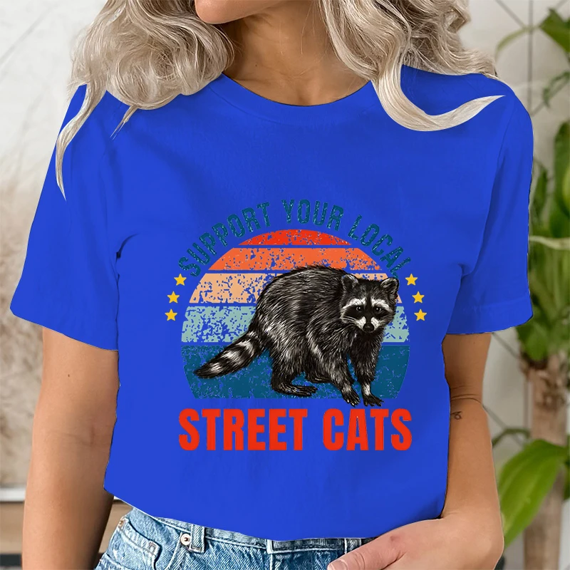 Raccoon Summer Women T Shirt Animal Support Local Street Cats Print Casual O-Neck Short Sleeve Pullover Female T-Shirt Clothing