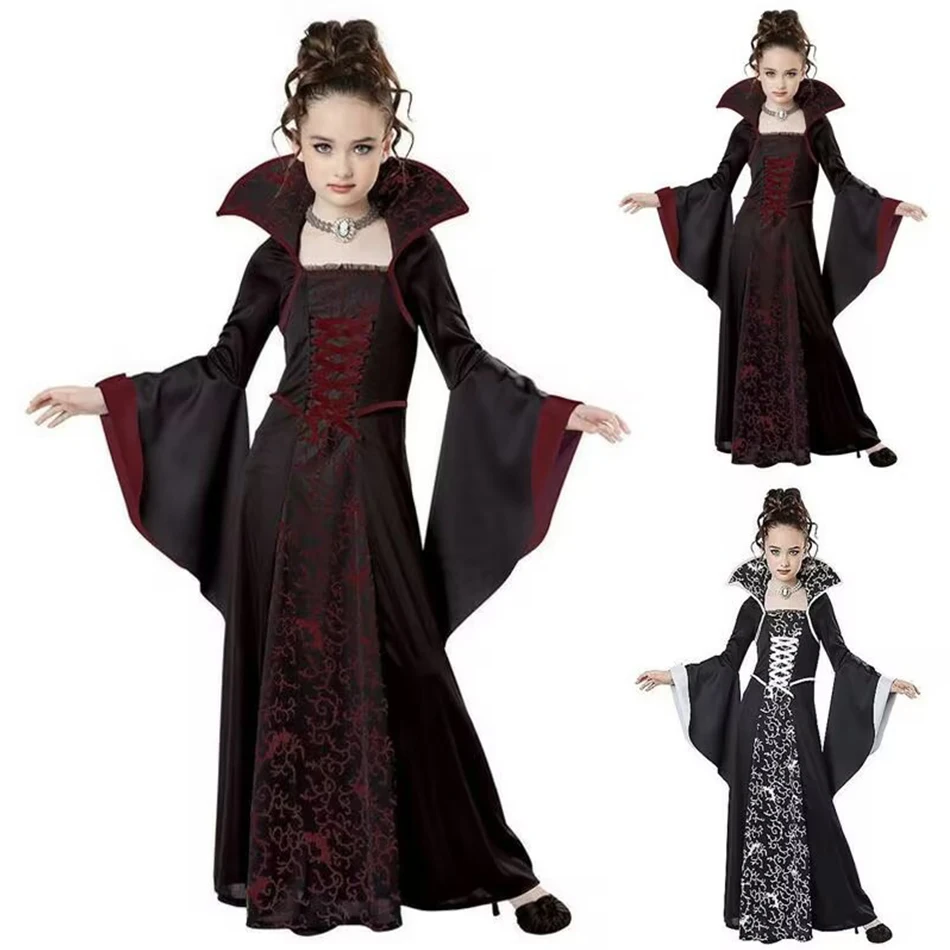 Halloween Witch Dress Girls Print Retro Style Costume Kids Cosplay Dark Theme Party Prom Gown Children Carnival Lace Clothes