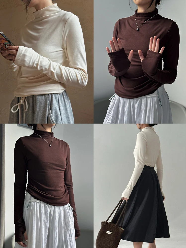 

Высокоэластичная длинная футболка Све, женская облегающая футболка с базовым слоем, перчатки с высоким воротником, универсальные два цвета