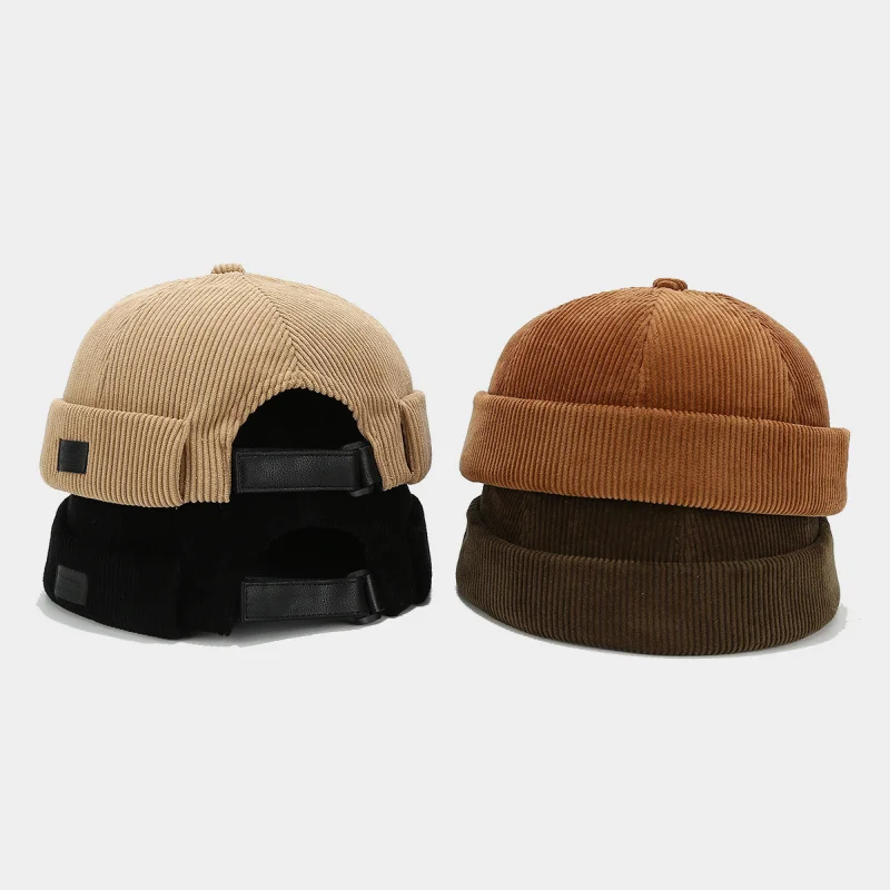 Ins New Autumn Winter Corduroy Minimalist Skullcap Women Trendy Art Retro Leather Label Landlord Hat Men Hip Hop Cap Unisex