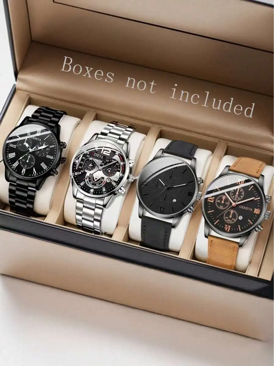 

Набор из 4 мужских кварцевых часов с римскими и арабскими цифрами на циферблатах, с ремешками из нержавеющей стали и кожи