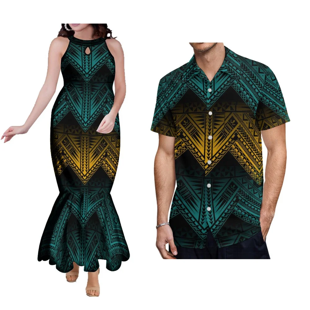 Summer Couple Suit Women'S Fishtail Dress Halter-Neck Long Skirt Men'S Shirt Polynesian Features Designed Adult Clothing