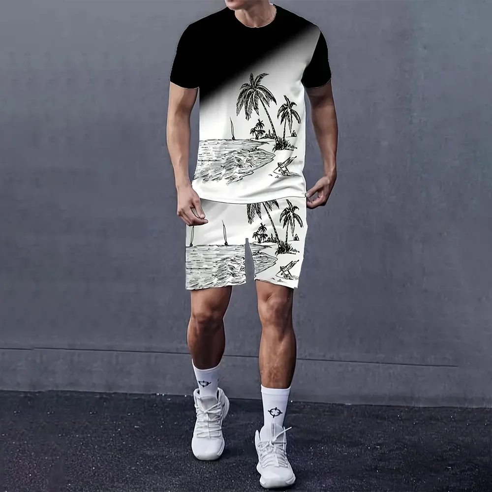 Men's Lion Printed Short Sleeve With Shorts Set Breathable Summer Crew Neck T-Shirt Streetwear Two-Piece Sets Men's Clothing