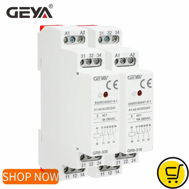 GEYA Przekaźnik pomocniczy na szynę DIN typu GR8 AC DC 12V 24V 48V, przekaźnik przełączający, przekaźnik pośredni 8A 16A