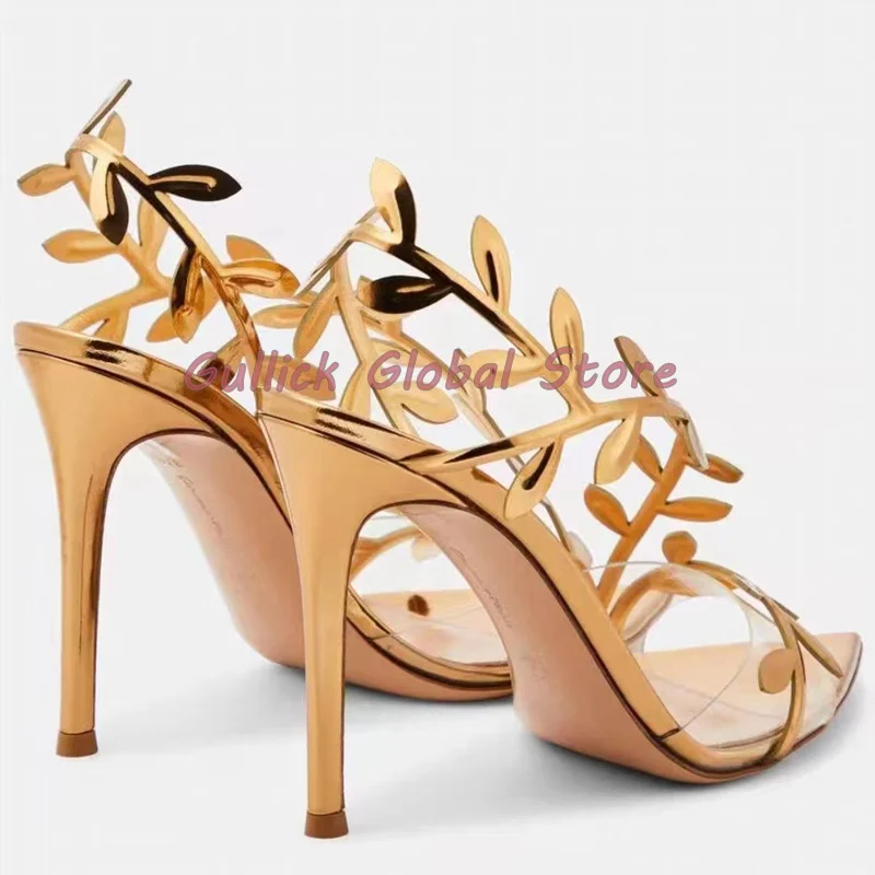 2024 New Arrival Gold Pointed Toe PVC Band Leaves Decoration Stiletto Sandals Summer Dress Party Wedding Grace Comfortable Cosy