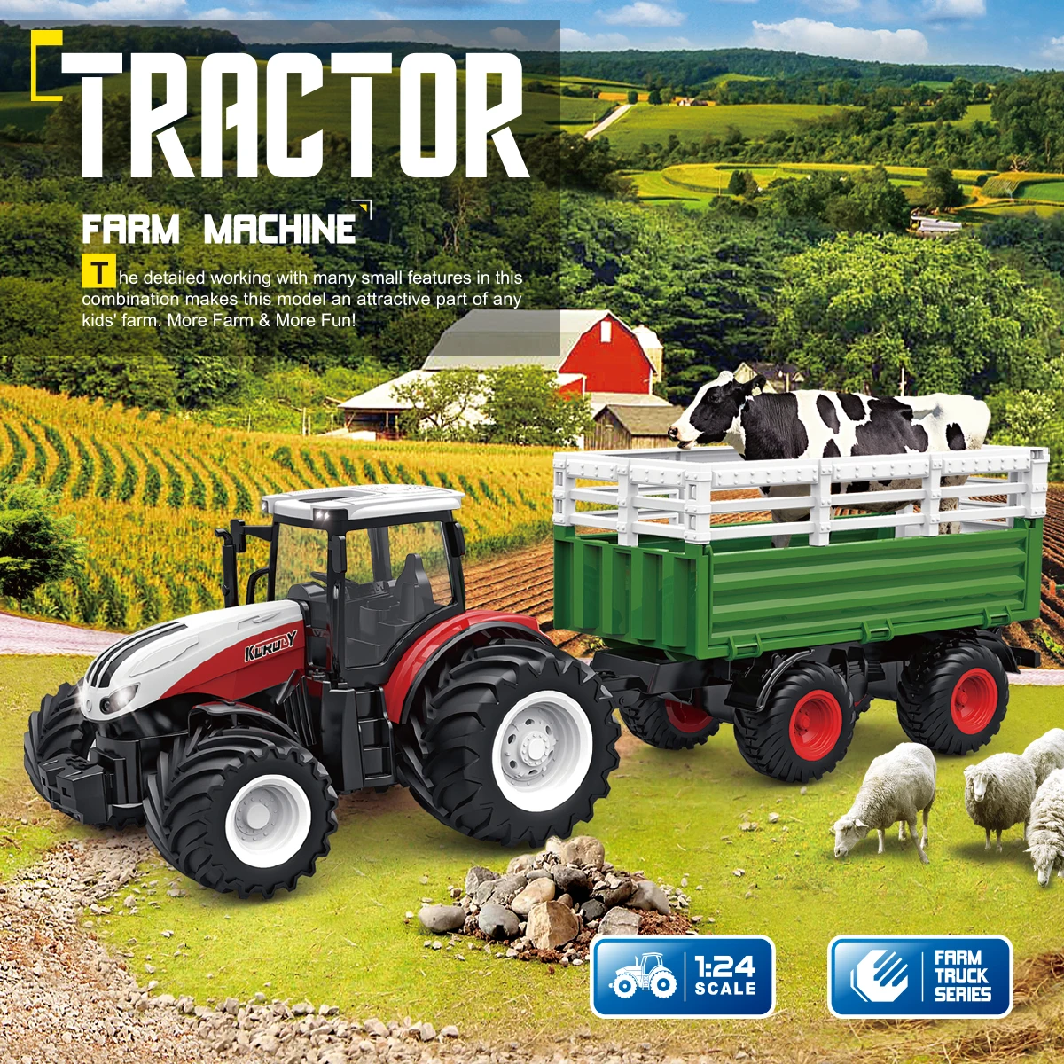 Toys 1:24 RC Car Truck Farm Tractor 2.4G Remote Control Water Truck/Rake High Simulation Large Engineering Vehicle Toys For Boys