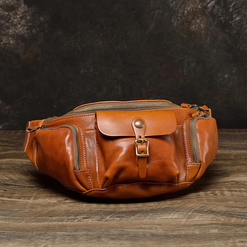 Cowhide Men\'s Chest Bag Real-Leather Bag Large Capacity Waist Pack Street Fashion Retro Shoulder Messenger Bag Dumpling Fashion