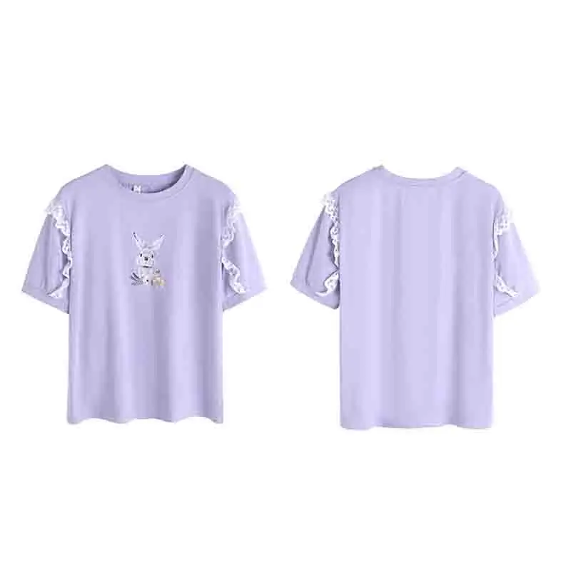 New Cotton Short Sleeve Women\'s T-shirts with Lace Sweet Woman Tops Printing Clothes Casual Summer Purple Women Tshirts 8547