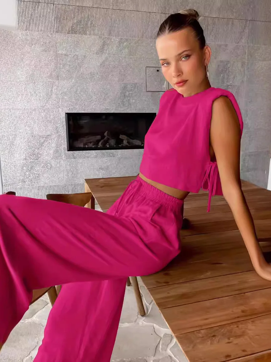 Fashionable Women's Two-Piece Set with Shoulder Pads Wide Leg Pants And Pockets Summer Collection Chinese Manufacturer