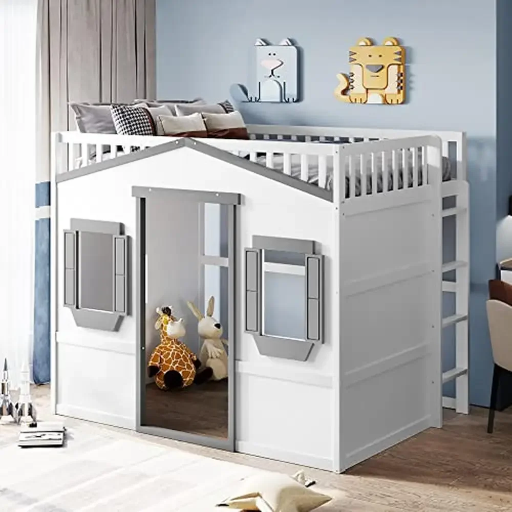 Kids Full Size Loft Bed Playhouse Design Window Ladder White Gray Solid Wood Frame Safety Space Saving Easy Assembly(Item Weight