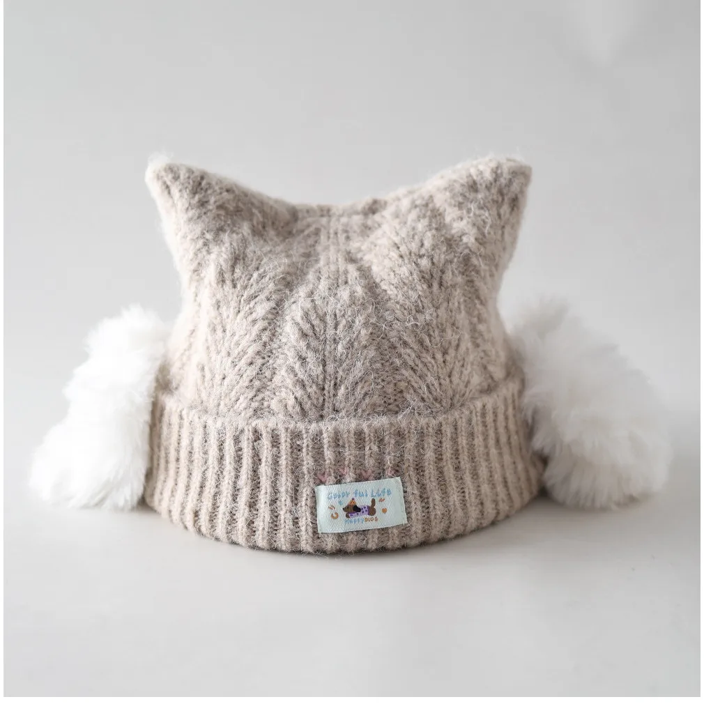 New Cute Plush Cat Ear Knit Beanie Cap Women with Puppy Cloth Patch Unique Stylish Windproof Warm Winter Knitted Pompom Cap