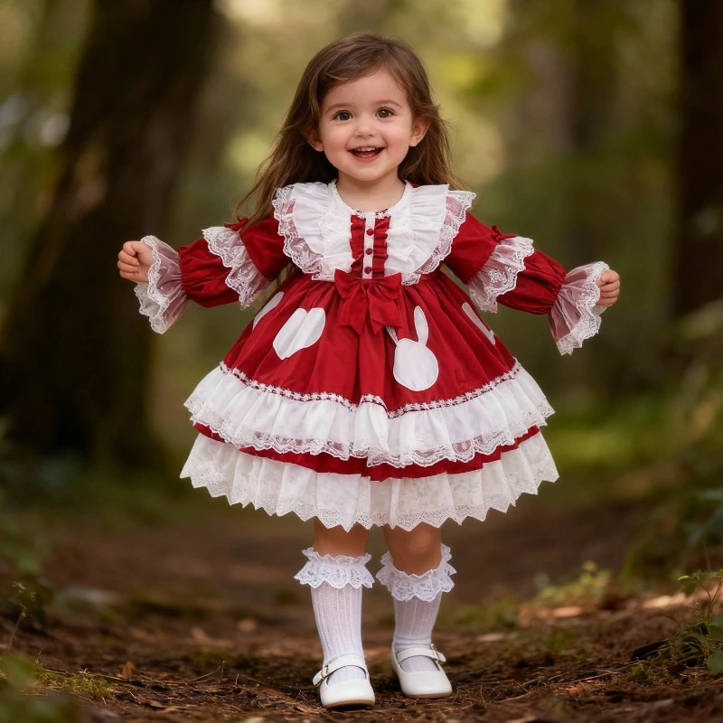 2026 New Burgundy Lolita Princess Dress for Girls Children Puffy Kids Birthday Pageant ClothesTulle Party Gown Kids Flower Girl