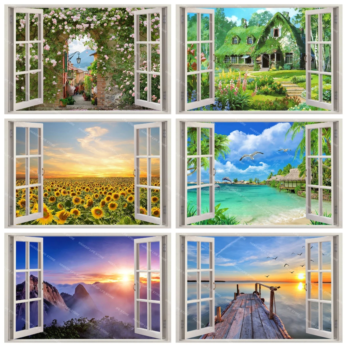 

Sunflower Seaside 3D Window View Backdrop Wall Art Summer Beach Landscape Kitchen Decor Banner Poster Background No Stickiness