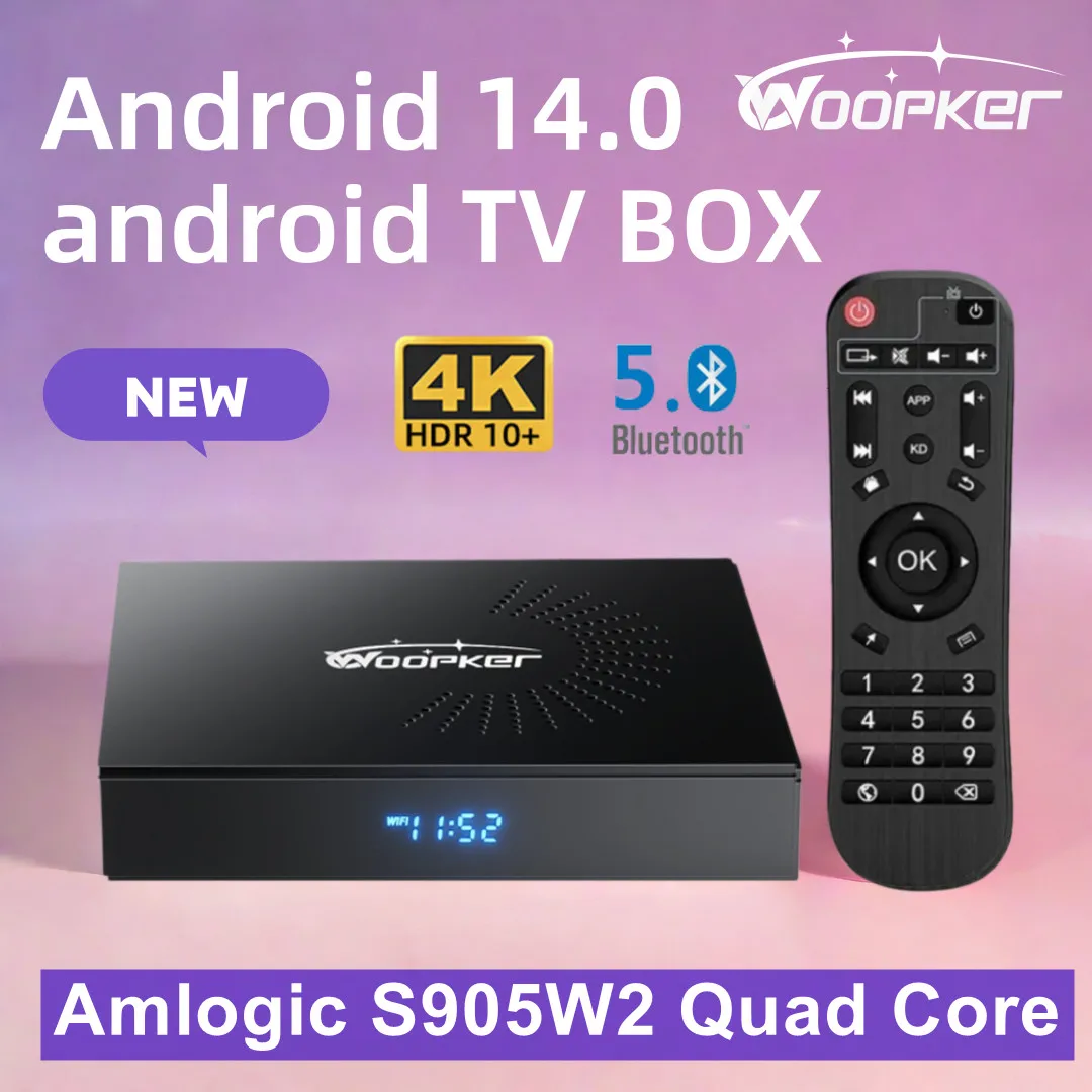 Woopker KW2 Android 14 TV Box Amlogic S905W2 4K Видео 4 ГБ 32 ГБ 64 ГБ Dual Wi-Fi Bluetooth 5.0 AV1 Google Voice Media Player 2 ГБ 16 ГБ
