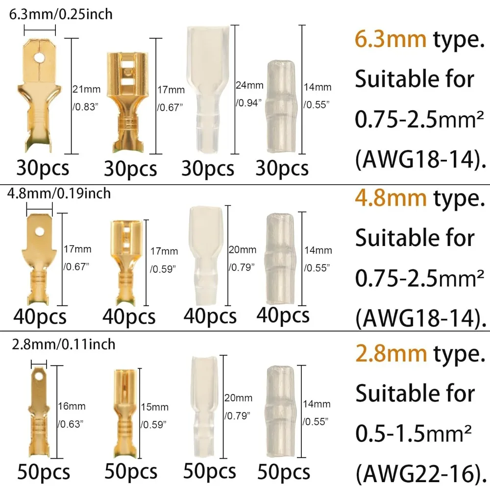 480pcs Male and Female Spade Connectors Kit with Insulating Sleeve 2.8mm 4.8mm 6.3mm Crimp Terminals Electrical Wire Connector