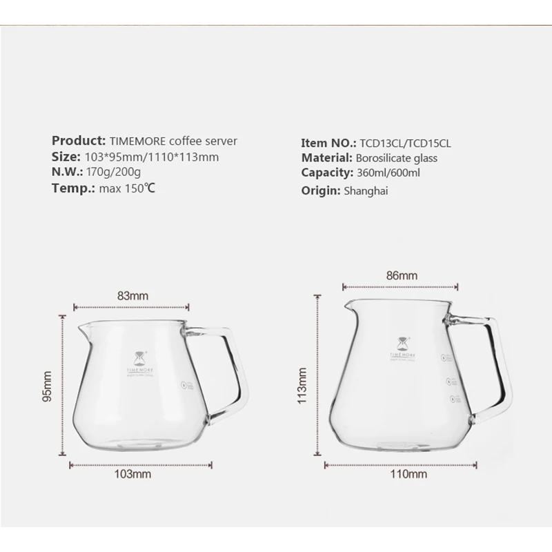 TIMEMORE Store Coffee Tea Pot 360ml 600ml  Milk Mugs Contracted For Kitchen Free Gift Glass Cover with Silicon Ring