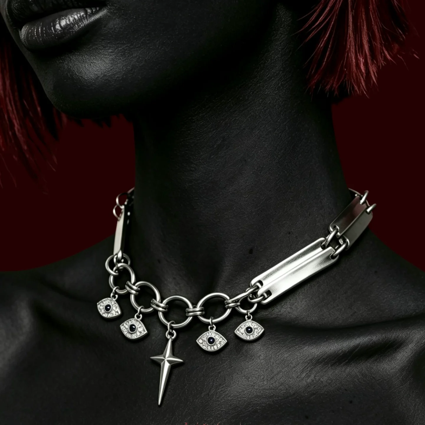 Goth Grunge Pentagram zircon eye pendant Choker Necklace Y2K Harajuku Punk Rivet Link Chain Aesthetic Titanium Steel Jewel