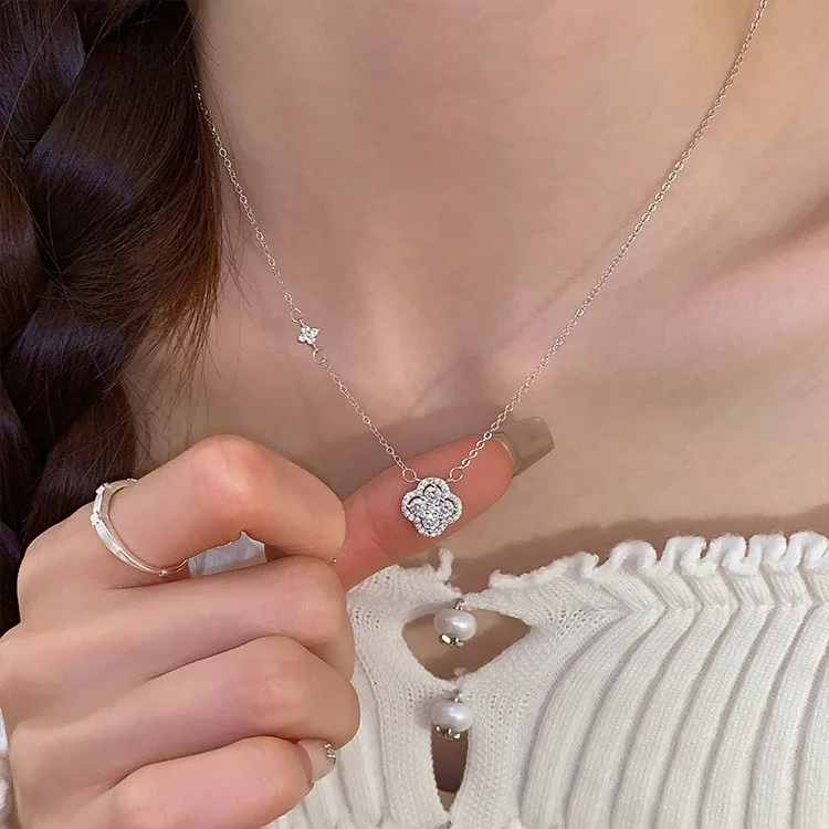 S999 Sterling Silver Clover Necklace for Women, CZ Diamond Lucky Pendant Choker, Minimalist Hypoallergenic Jewelry Gift