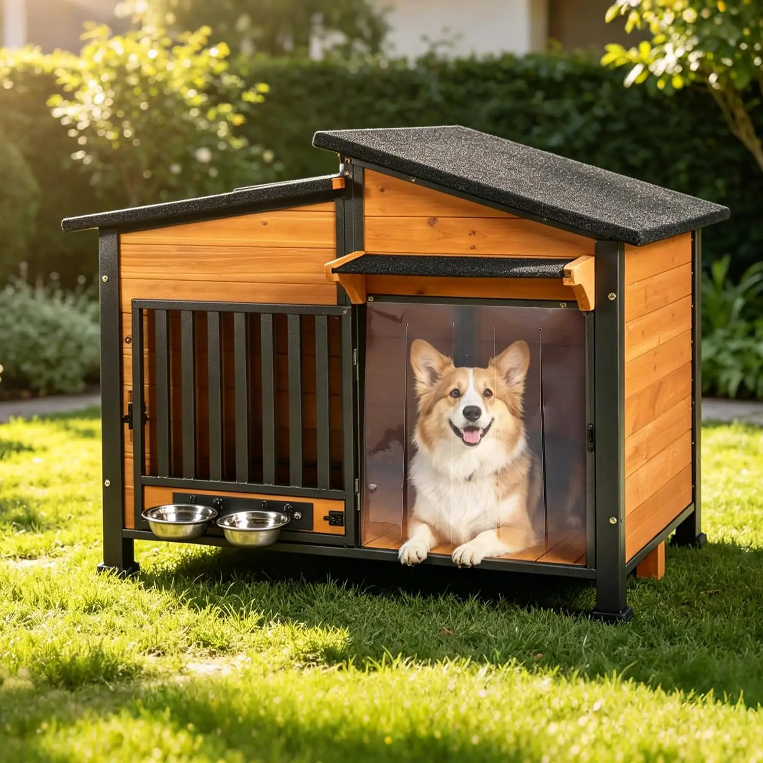 Dog House Outdoor Reinforced Iron Frame and Rotating Bowls