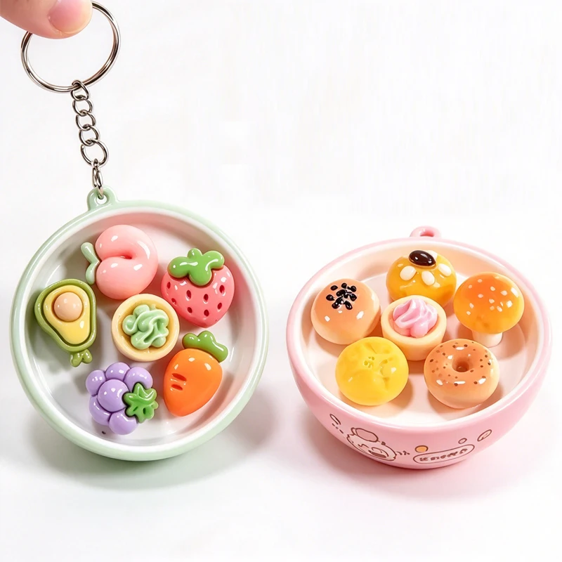Cute Mini Bowl Keychain Fruit & Pastry Food Play Key Ring Stress Relief Toy Bag Pendant Novelty Backpack Decor Creative Gift