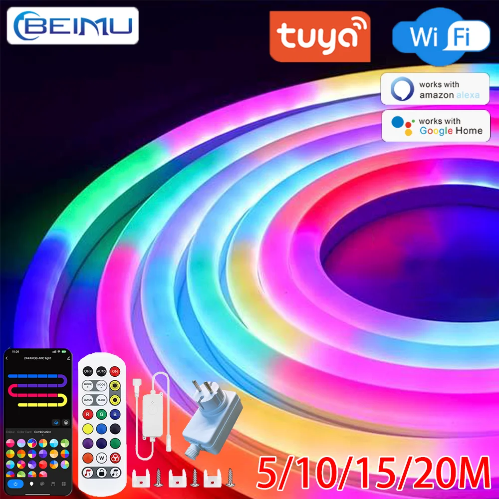 

BEIMU TUYA WIFI EU-Plug светодиодная неоновая лента 5/10/15/20 м водонепроницаемая силиконовая с синхронизацией музыки и поддержкой голосового управления Smart Life/Alexa /Google Assistant для дома и улицы Магазин