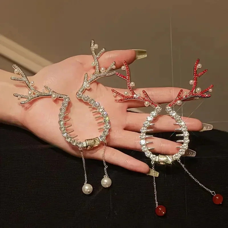 Christmas Reindeer Hair Clip Shining Pearl Rhinestone Tassel Hair Claw Fashion Festival Hair Styling Accessories for Women