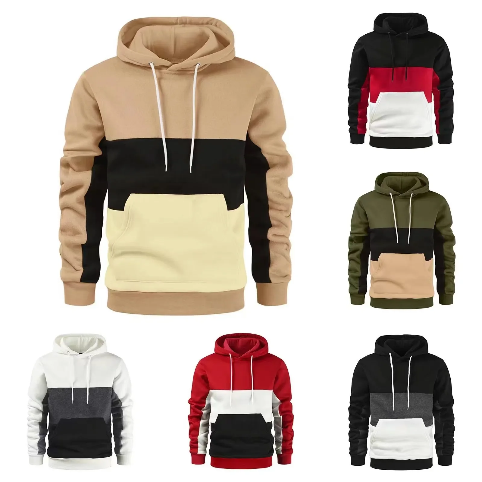 

Men's Patchwork Hooded Sweatshirt Hoodies Clothing Casual Loose Fleece Warm Streetwear Male Fashion Autumn Winter Sports Outwear