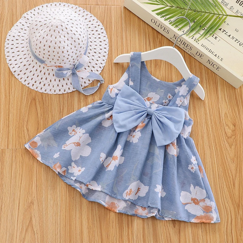 

2PCS Sets Summer Toddler Straw Hat Girl Clothes Beach Flowers Cute Bow Sleeveless Princess Baby Dresses Sunhat Kids Floral Dress