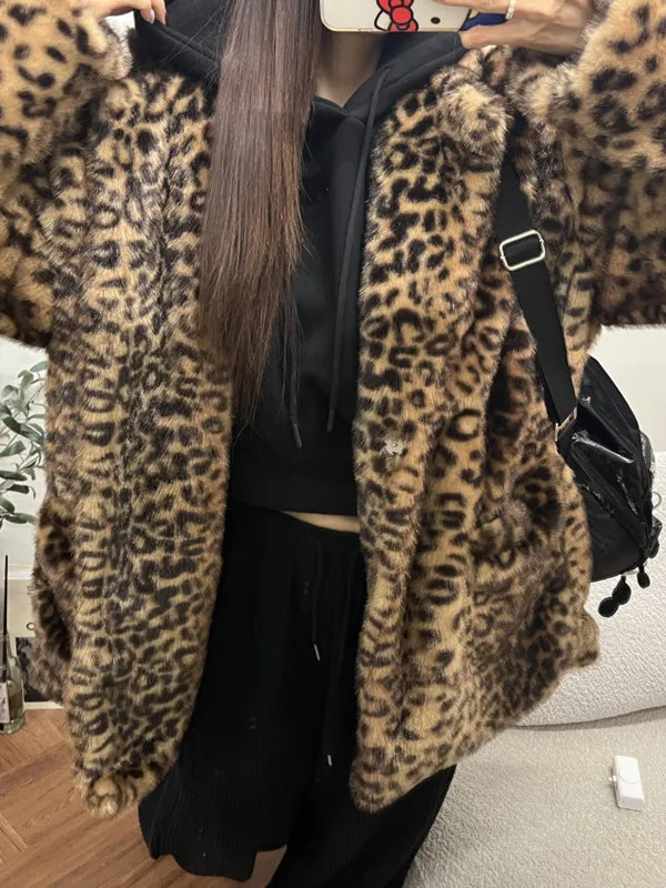 Invierno nuevo Sle Chic abrigo de piel suelto para mujer estampado de leopardo Plu largo Sve coreano Sle fibra de poliéster abrigo Lazy Sle