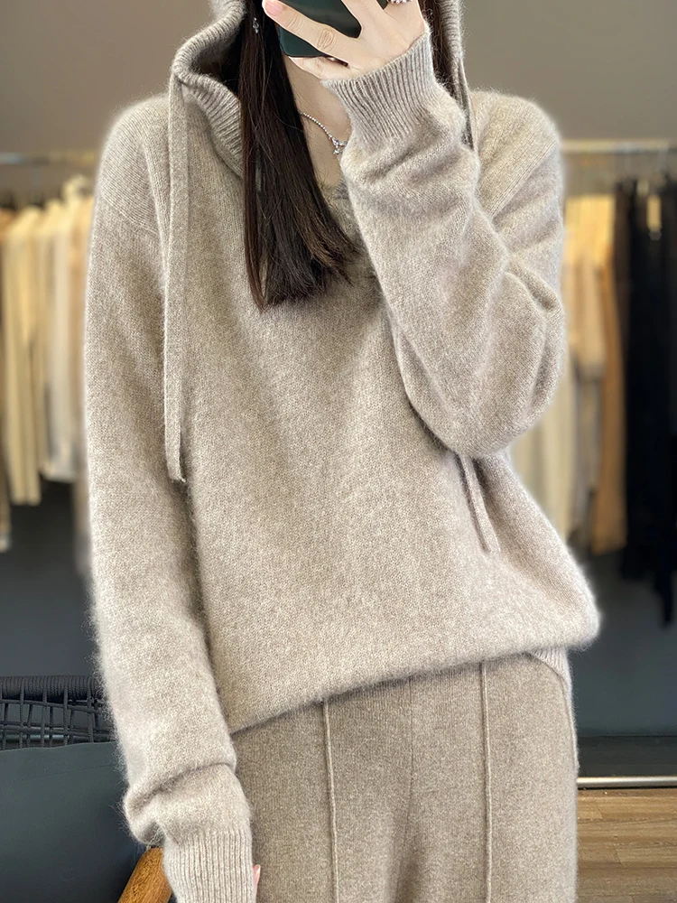 Pull à capuche en laine mérinos pour femme, pull à manches longues, manteau en cachemire, mode coréenne, décontracté, automne, hiver, optique, 100%