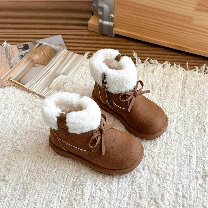 Girls Winter Fleece Lined Snow Ankle Boots Cute Bow Decor Furry Cuff Short Boots Side Zipper Warm Anti Slip Flat Casual Footwear