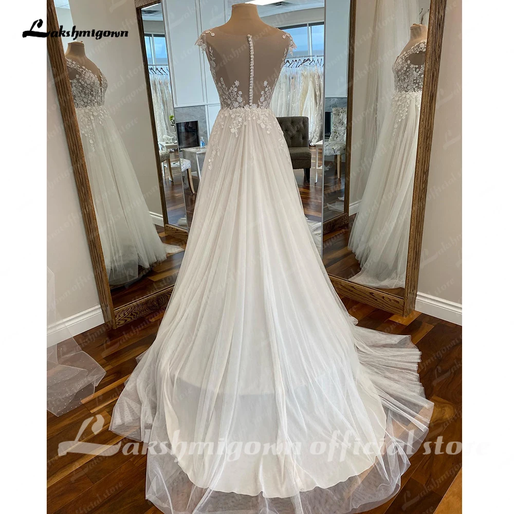 Lakshmigown Robe Boheme Bridal Beach Wedding Dress Customized Civil A Line Off White Tulle Long Wedding Gowns Cap Short Sleeves