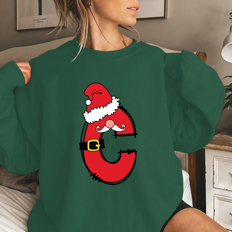 Creative Santa Claus 26 Alphabet Print Sweatshirt Women Classic Retro Fashion Pullover Surname First Letter Xmas Gift Sportswear