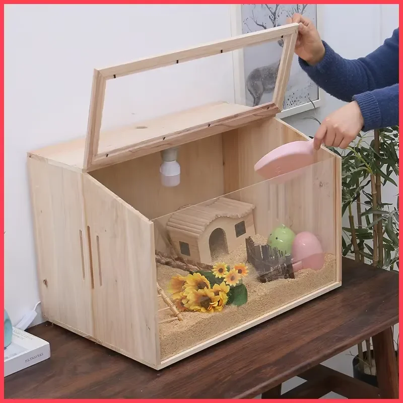 Transparent Wooden Pet Feeding Box for Chicken Hamster Small Animal Food Dispenser Cage Accessory Natural Wood Grain Design