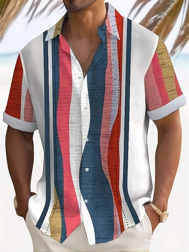 

Новинка 2025, мужская рубашка с короткими рукавами и лацканами в стиле ретро с геометрическим принтом, верхняя мужская повседневная рубашка на пуговицах, летняя повседневная футболка