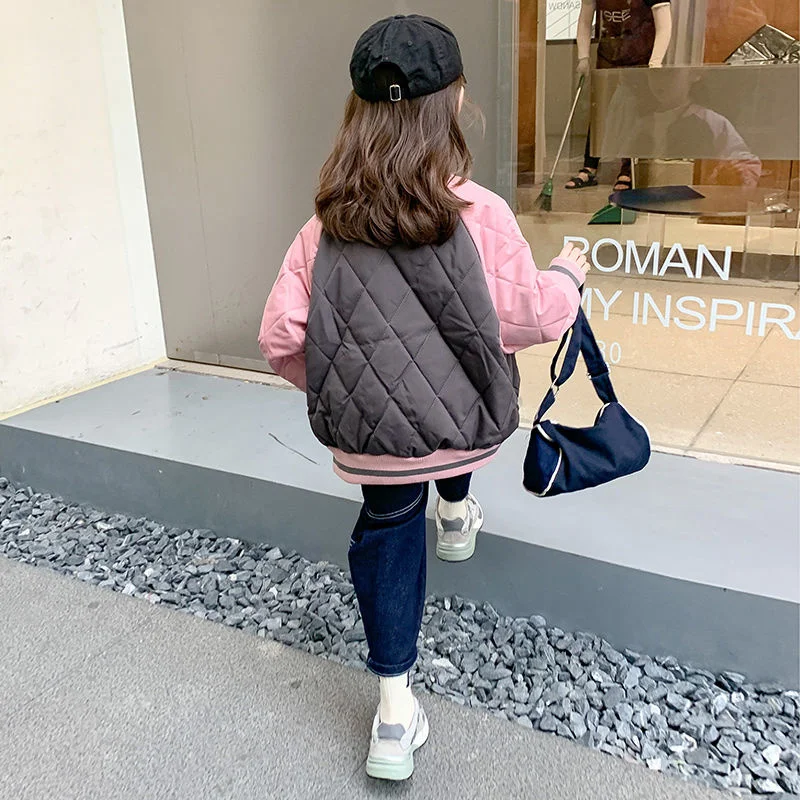 Girls\' Baseball Jacket Spring Autumn 2023 New Bomber Suit Children\'s Clothes Thickened Cotton Korean Contrast Color Casual Coat