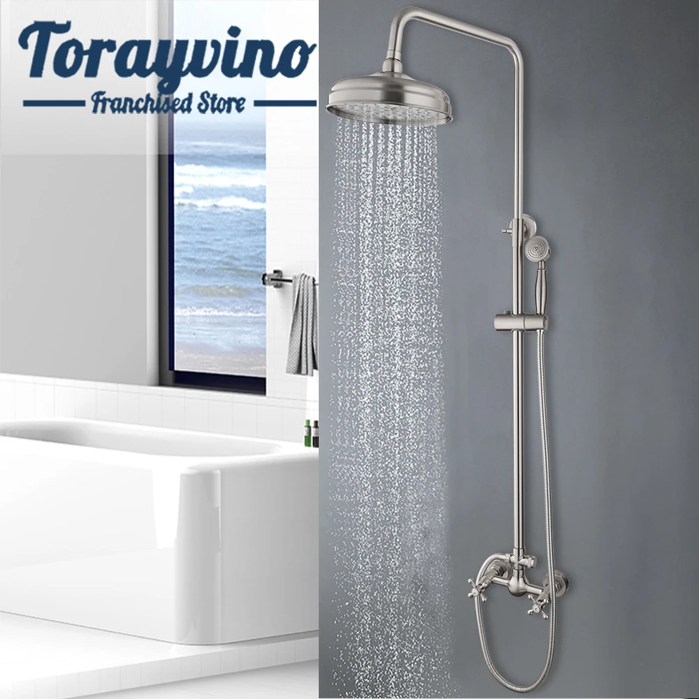 

Torayvino Bathroom Shower Faucet Set Nickel Brushed Wall Mounted Rainfall Shower Head Daul Handle With Hot And Cold Water Mixer