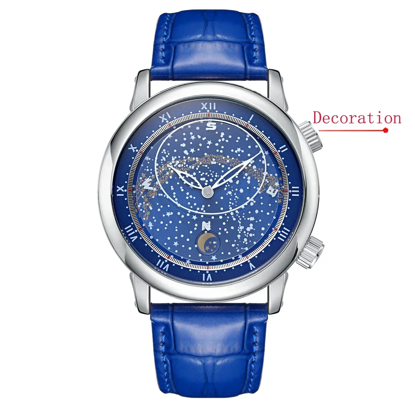 Automatic Mens Watch Mechanical Movement Rose Gold Black Blue Green Leather Luxury Carved Rotating Starry Sky Luminous Fashion