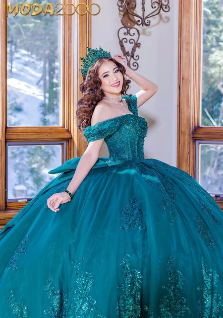 Emerald Green Off Shoulder Quinceanera Dresses Lace up Corset Big Bow Applique beaded sweet 15 charro quince dress AliExpress