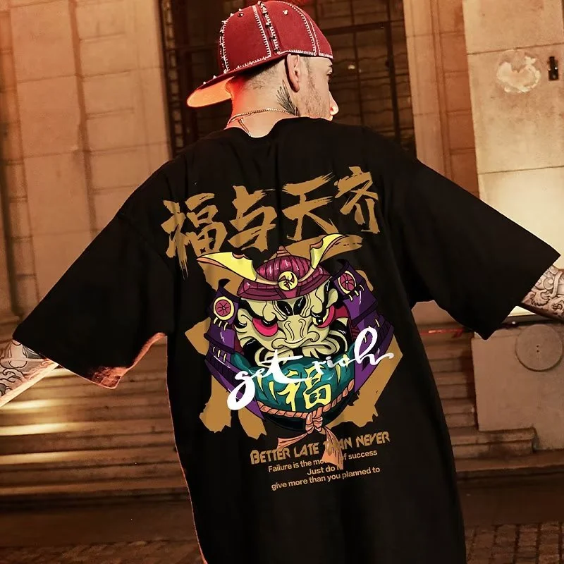 Men Oversized Fashion American Vintage Cute Q-version Judge Print Short Sleeve Round Neck Versatile Trend Couple Outfit