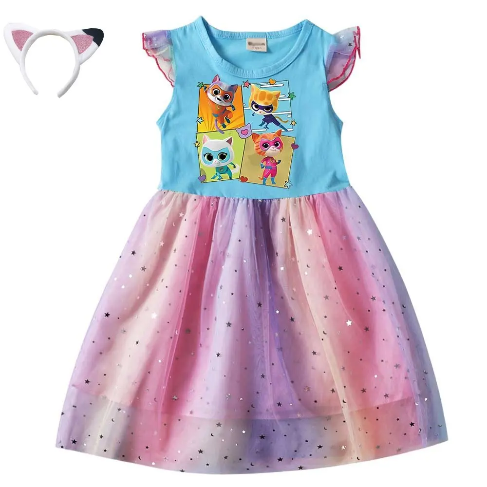 Super kitties Kostüm Baby Mädchen Super Kitties Kleider mit Stirnband Kinder Freizeit röcke Kleinkind Mädchen Kurzarm A-Linie Kleid