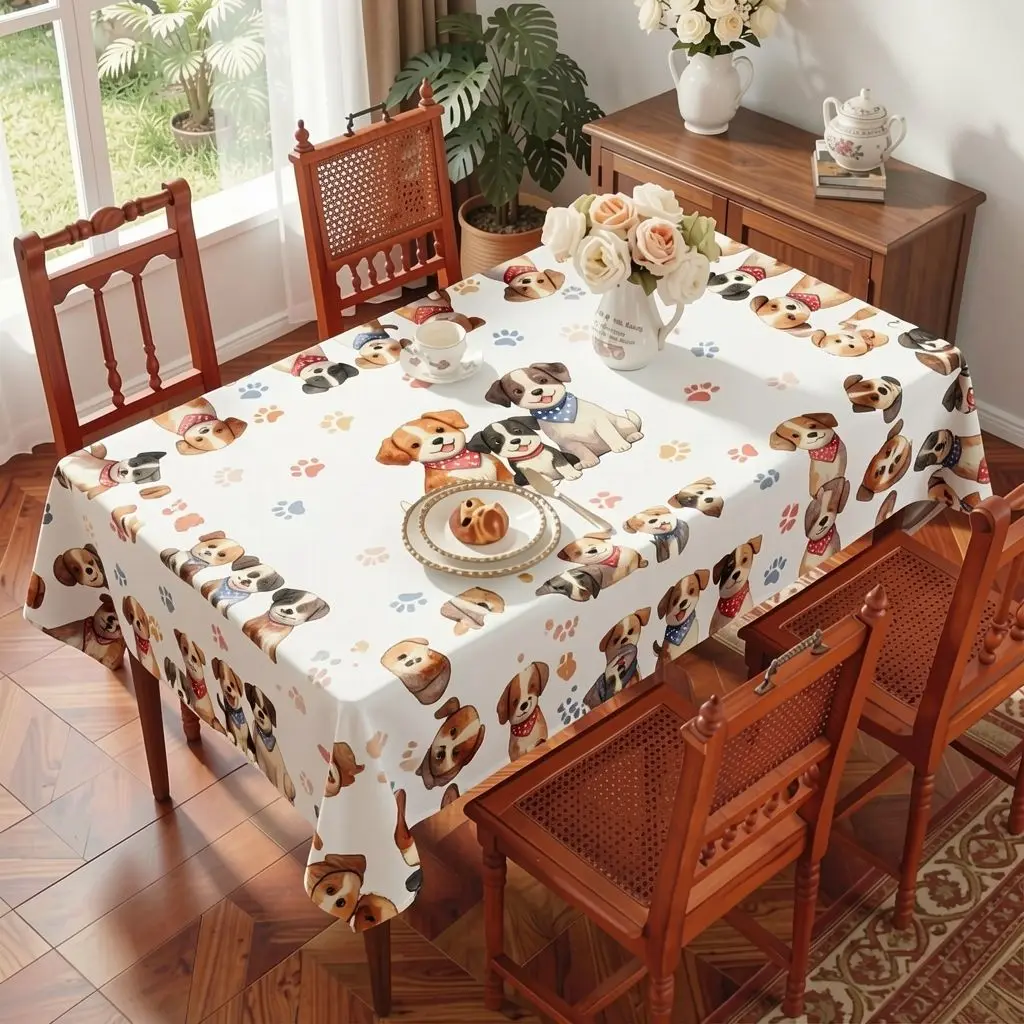 2D Flat Tablecloth 1pc Cute Cartoon Puppy Tablecloth with Paw Print Pattern Dining Table Cover Kids' Room Decor Mat Living Room Restaurant Rectangular Coffee Table Mat Pet-Themed Home Textile